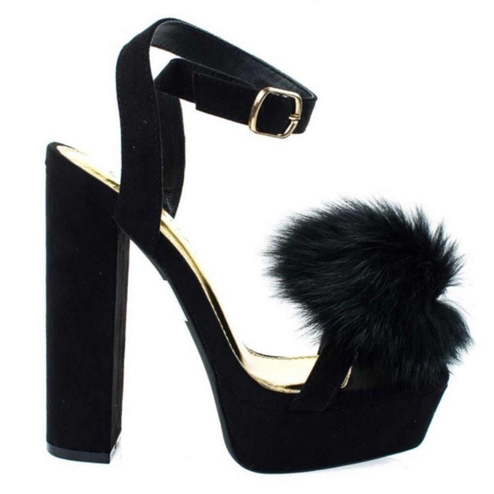 LILIANA Black Platform Block Heel w/ Fur Pom Pom